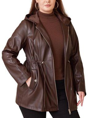 Women’s Brown Faux Leather Hooded Long Moto Biker Jacket with Drawstring